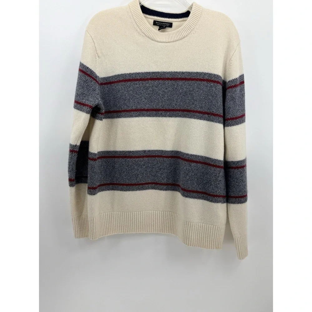 Banana Republic Men's Italian Wool Stripe Sweater Cream/Gray Size L